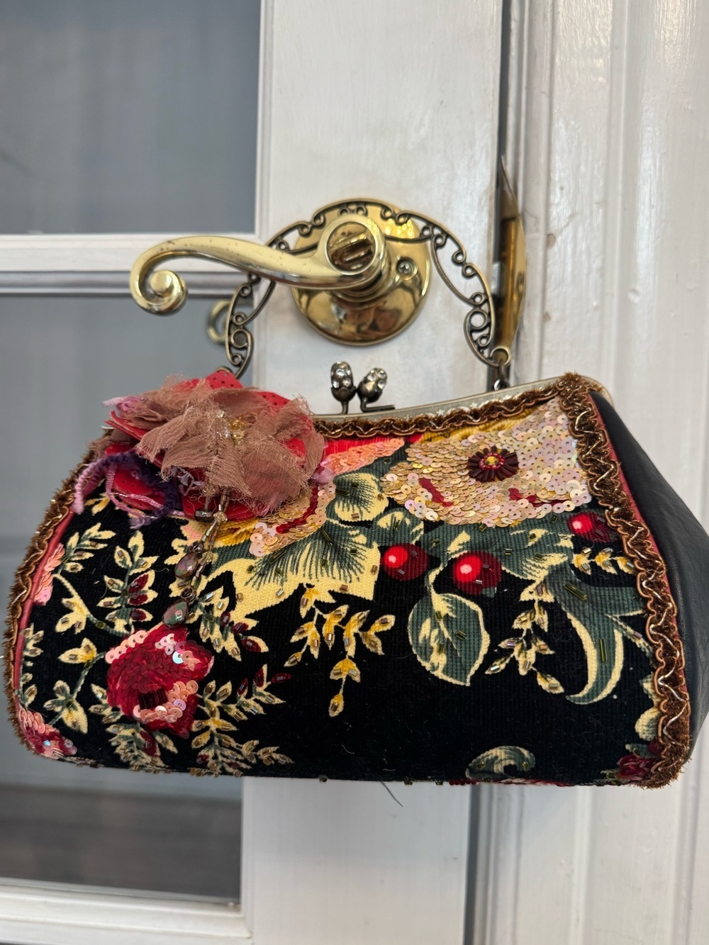 MARY FRANCES Floral Applique Sequin Embellished Clutch with Chain Strap